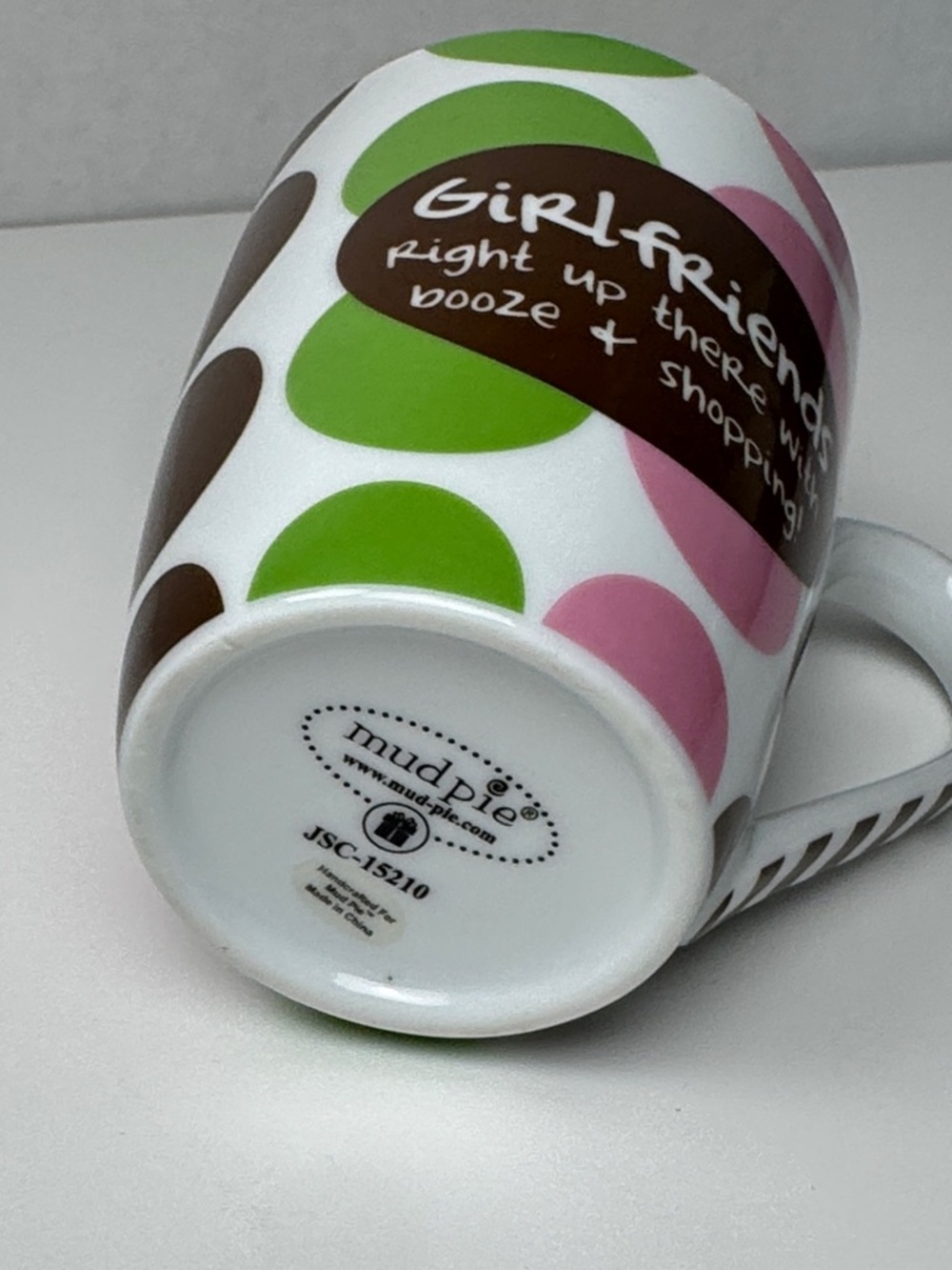 Mud Pie White Ceramic Mug with Pink, Green & Brown Polka Dots - Picture 6 of 7